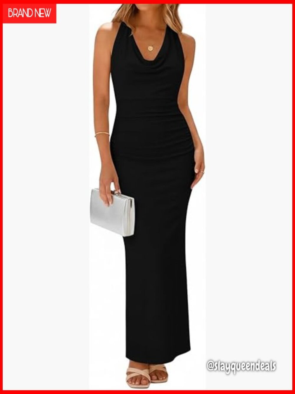 Backless Halter Maxi Dress Cowl Neck Ruched Bodycon Wedding Guest Gown